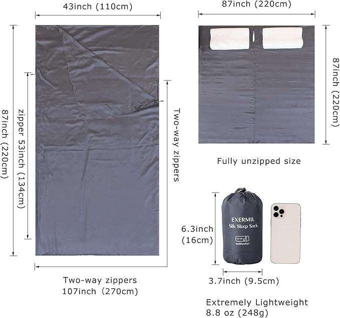 100% Silk Sleep Sack with Zippers on 3 Sides 87”x43” Large Sleeping Liners for Hotels Travel &amp Camping Multifunctional Travel Sheets (Unzipped:87”x87”) for Adults Lightweight All Seasons