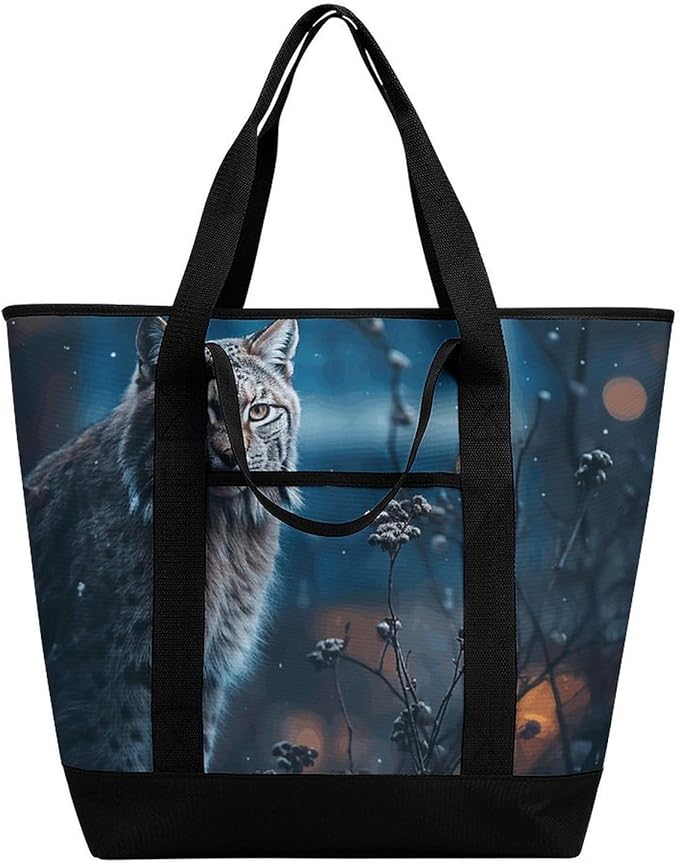 Insulated Shopping BagLarge Reusable Cooler Bags Female Lynx Printed Foldable Shopping BagTravel Waterproof Shoulder Bag