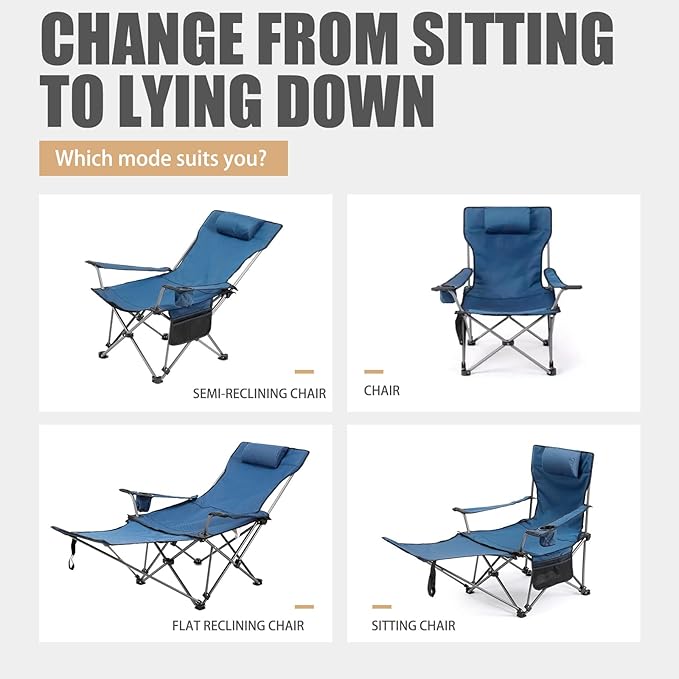 Reclining Folding Camping Chair with Removabel Footrest Adjustable Folde Camping Chair with Foot Rest Camp Lounge Outdoor Beach Chair Oxford Fabric Reclining Design with Pillow Cup Holder Blue