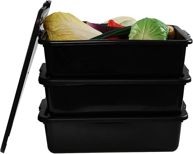 13 Liter Commercial Bus Box Tubs with Lids Plastic Bus Tray Set of 3 Black