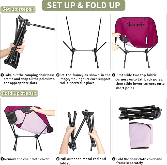 Custom Camping Chair Personalized Portable Backpacking Chair with Name Lightweight Folding Chair for Beach Hiking Rose Red