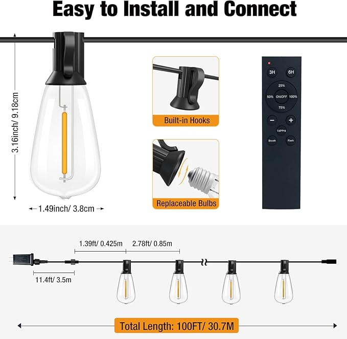 btfarm 100FT LED Outdoor String Lights Waterproof with Remote Patio Lights with 32+2 ST38 Edison Bulbs Hanging Light for Outside with Timer for Backyard Party Yard Gazebo Porch 2700K Dimmable