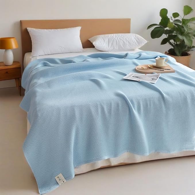 Bnitoam 100% Cotton Waffle Weave Blanket for Bed Couch Sofa Twin Size 60x80 Ultra Soft Breathable Cooling Cellular Blanket for Adult Lightweight All Season Machine Washable Blue (Blue 60x80)