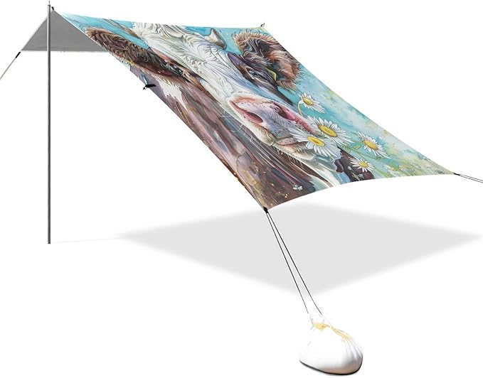 ALAZA Watercolor Cows with Chrysanthemum Farm Animal Portraits in Their Mouths Beach Tent Sun Shelter UPF50+ Protection Beach Shade Canopy w/ 4 Sandbags for Outdoor Camping Fishing Backyard Fun Pic