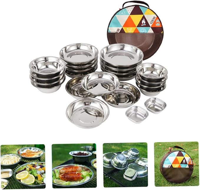 BESPORTBLE 1 Set Portable Stainless Steel Camping Dishes Complete Outdoor Dining Tools with Bowl Plate and Utensils for Travel Hiking and Picnics Includes Storage Bag for Easy Carrying