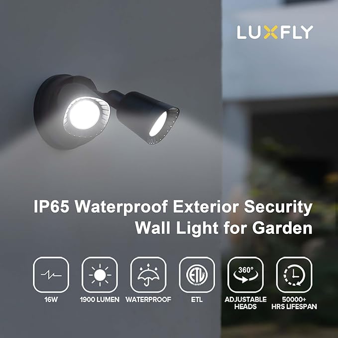 LED Flood Lights Outdoor 16W 1900LM 5000K Daylight IP65 Waterproof Security Lights with 2 Adjustable Heads Exterior Wall Light for Patio Garage Yard-Black