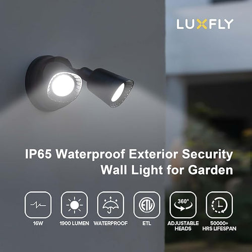 2 Pack LED Flood Lights Outdoor 16W 1900LM 5000K Daylight IP65 Waterproof Security Lights with 2 Adjustable Heads Exterior Wall Light for Patio Garage Yard-Black