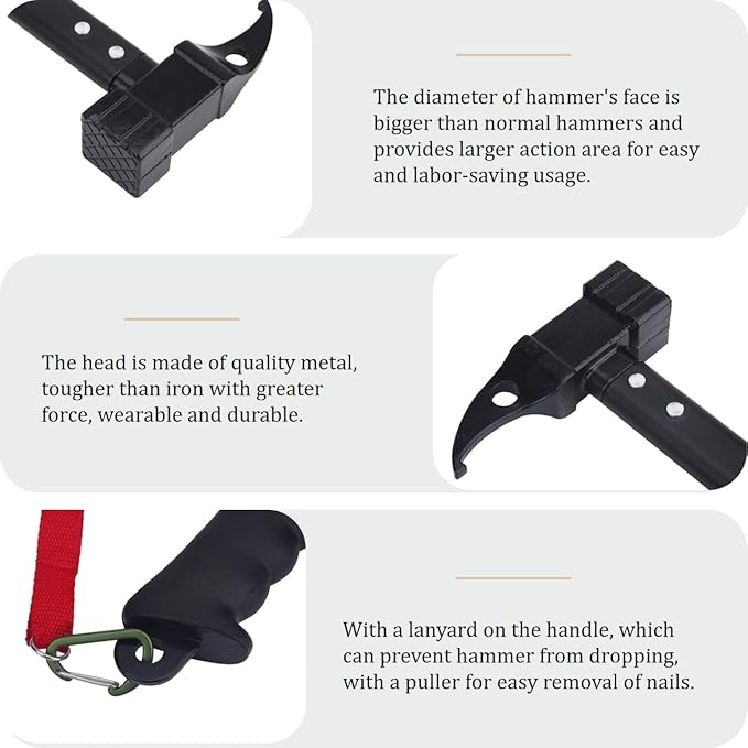 Outdoor Framing Hammer campinghammer High StrengthHead Rubber Handle with Lanyard Nail Puller Camping Survival Tool Hammer Tent Stakes