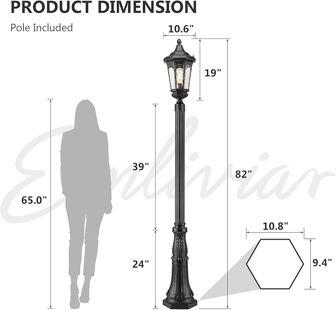 Emliviar 82 Inch Outdoor Post Light Hard Wired Exterior Water Ripple Glass Street Light Fixture for Garden in Black Finish E26 Base 100W Max XE304PL BK-SW