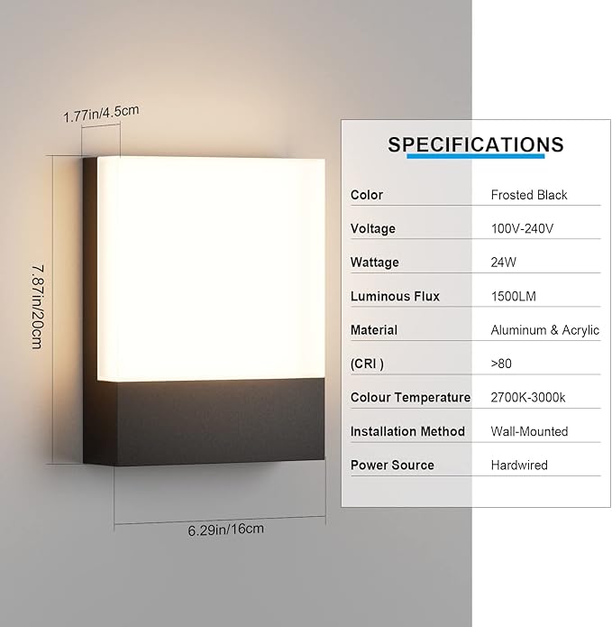 Modern Outdoor Led Wall Light 24W 3000K Wall Porch &amp Patio LightExterior Hardwired Wall Light FixturesIP65 Waterproof Square Wall Lamp for Garage Front DoorHouse Yard(Black2-Pack)