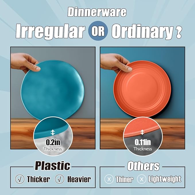 Teivio 32-Piece Kitchen Wheat Straw Dinnerware Sets for 8 Dinner Plates Dessert Plate Cereal BowlsCups Unbreakable Plastic Colorful Apartment Outdoor RV Camping Dishes Irregular Teal Ombre