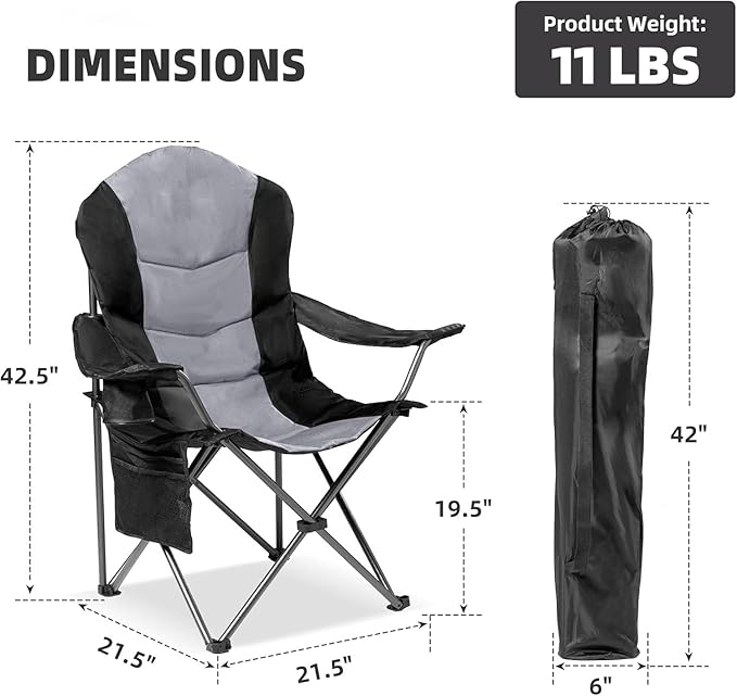 Oversized Camping Chair Heavy Duty- Portable Folding Chair Cup Holder &amp Waterproof Phone Case for Adults Beach Hiking Backyard (Black &amp Light Gray 2 PCS)