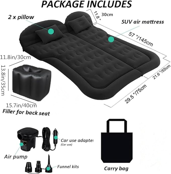 Vikuces® SUV Air Mattress Car Camping Travel Bed Car Air Mattress Back Seat BedThickened Inflatable Mattress with Two Air Pillow Full Size Blow Up Sleeping Pad(Black)