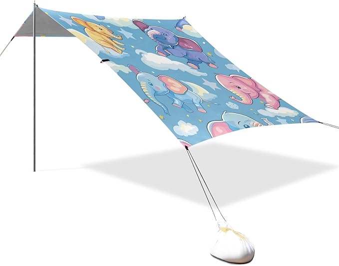Beach Tent Sun Shelter Colorful Elephants Clouds Lightweight &amp Easy Setup Beach Shade Canopy for Camping Fishing