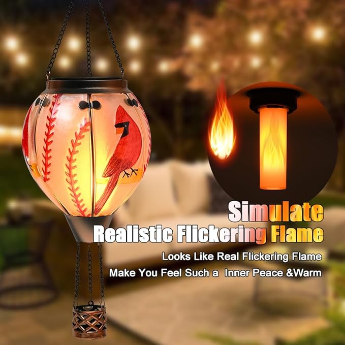 Hot Air Balloon Solar Lantern - Cardinal Bird Glass Lantern Simulated Flickering &amp Dancing Flame Outdoor Hanging Yard Light Waterproof IP65 for Patio Lawn Porch Decor Gift