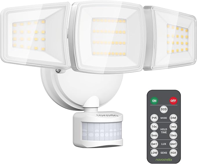 NOVOSTELLA Security Lights Motion Sensor 1Pack LED Flood Lights Outdoor with Remote Dusk to Dawn 45W 5000lm 5000K 3 Heads Wired Wall Adjustable Floodlights IP65 Waterproof for Garage Yard House