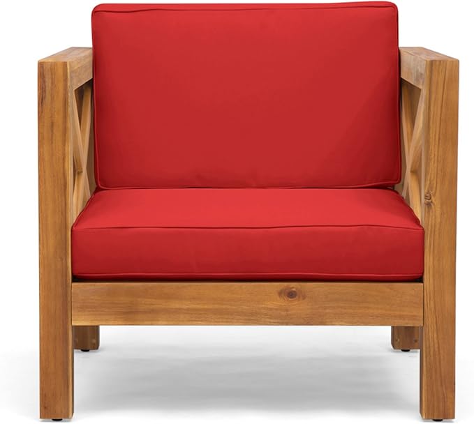 Mid-Century Modern Outdoor Club Chair with Acacia Wood Frame and Water-Resistant Cushions for Patio Garden Backyard Seating (Red)