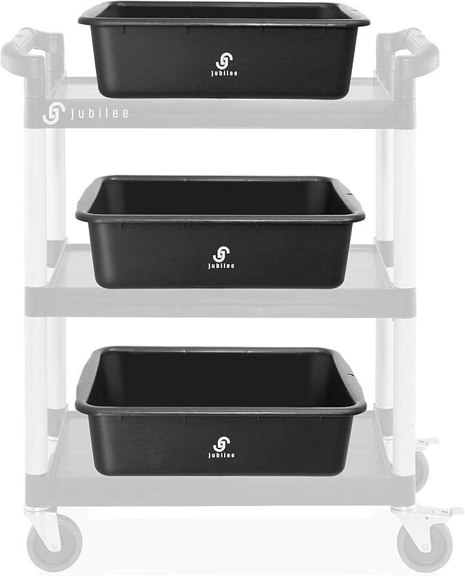 Jubilee 4-Pk Plastic Storage Bin 20L Black Bus Utility Tub – Heavy Duty Commercial Dishwashing Box for Restaurant Kitchen Organization and Storage
