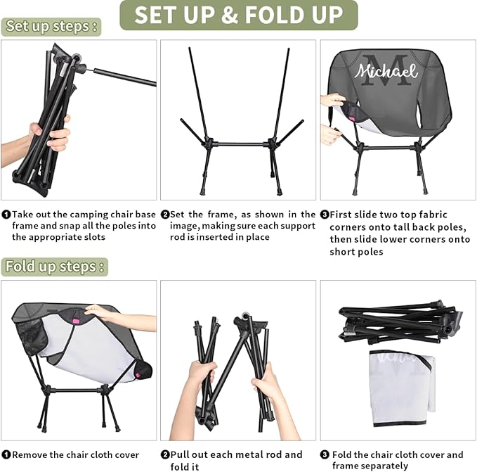 Custom Gray Portable Camping Chair Personalized Backpacking Chair with Name Lightweight Foldable Chairs for Hiking Beach
