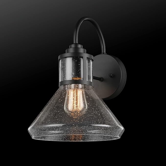 GLOBE Electric 44661 Torrent 1-Light Outdoor Wall Sconce Black Seeded Glass Shade 60W Vintage Edison Incandescent Bulb Included