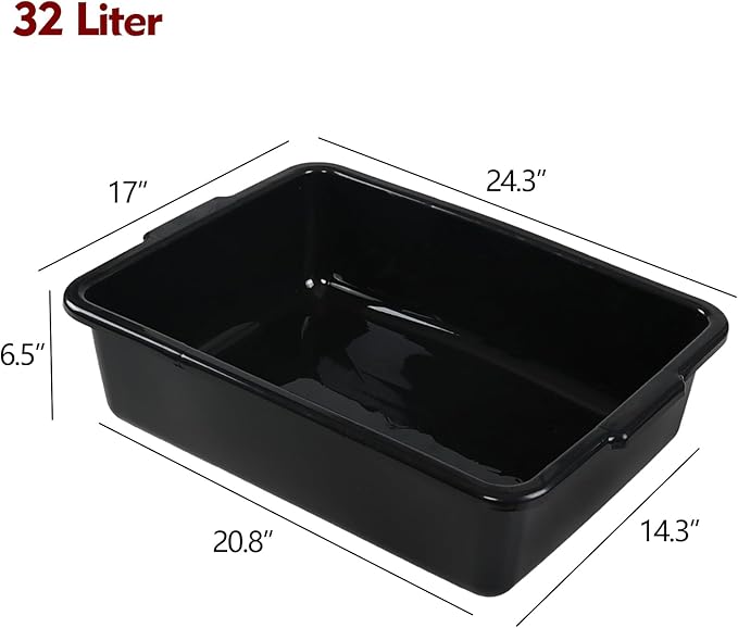 4 Packs 32 L Commercial Food Service Bus Tub Extra Large Rectangle Dishpan Plastic Wash Basin Black