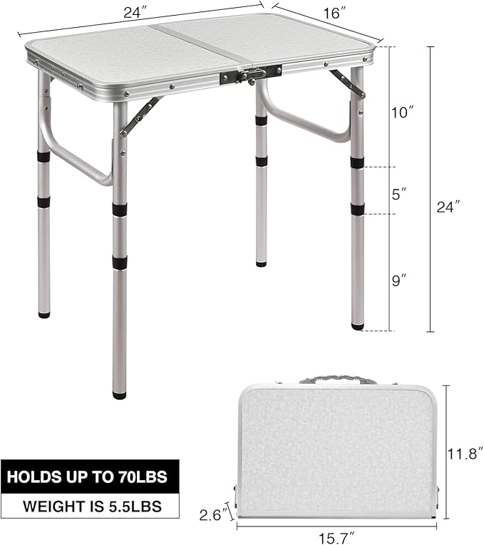 RedSwing 2ft Folding Camping TableSmall Portable Pinic Table Adjustable Height Lightweight Aluminum Camping Table for Outdoor Indoor Hiking Camp