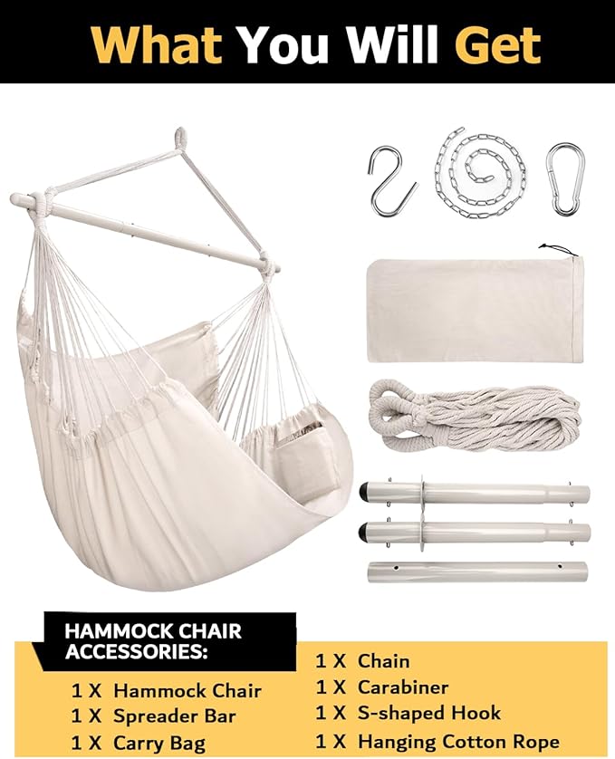 ADVOKAIR Hammock Chair Large 70.9x47.2 32% Bigger XXL Hanging Swing Chair with 500lbs Capacity Heavy Duty Steel Spreader Bar Extra Roomy Comfort for Adult Indoor Outdoor Bedroom Patio