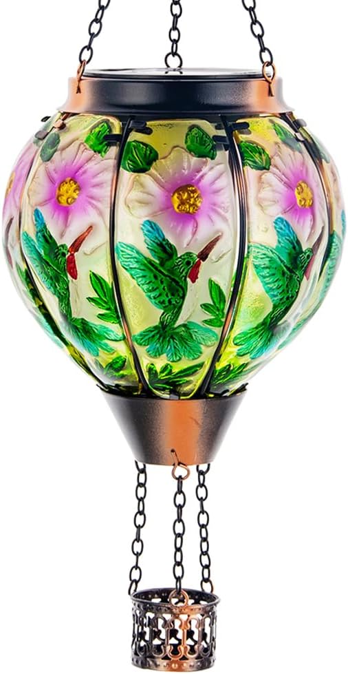 DREAMSOUL Hummingbird Hot Air Balloon Solar Lantern Hanging Solar Lanterns Outdoor with Flickering Flame Light Metal &amp Glass Solar Lanterns Outdoor Waterproof for Patio Yard Decor
