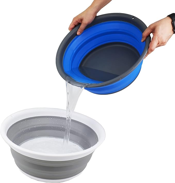 SAMMART 7.5L (1.98 Gallon) Collapsible Tub - Foldable Dish Tub - Portable Washing Basin - Space Saving Plastic Washtub (Grey/Blue (Set of 2))