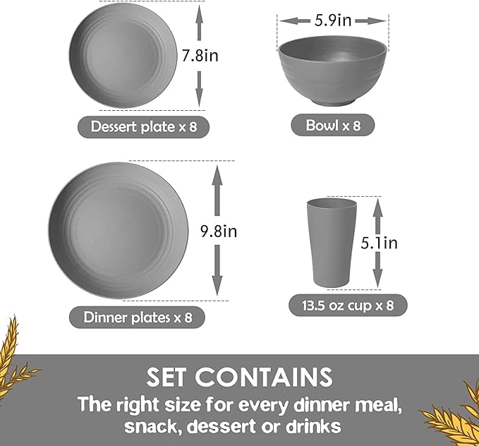 Teivio 32-Piece Kitchen Plastic Wheat Straw Dinnerware Set Service for 8 Dinner Plates Dessert Plate Cereal Bowls Cups Unbreakable Colorful Plastic Outdoor Camping Dishes Grey