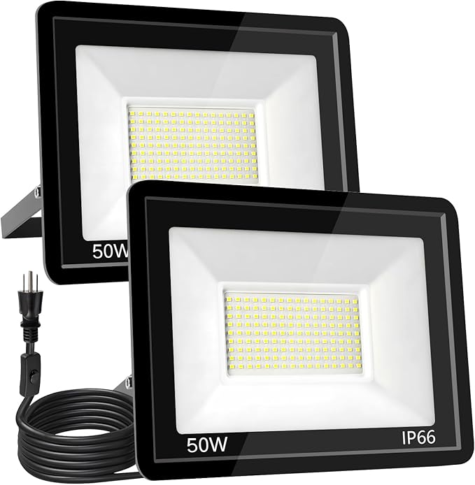 50W LED Flood Light Outdoor 6500K Daylight White7000LM Super Brighter LED Work LightIP66 Waterproof Security Light with Switch and Plug for Garage Garden Yard Stadium 2Pack