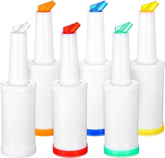 6-Piece Professional Bar Juice Pour Bottles Set - 0.9 Quart Juice Pourers for Bartending Store and Pour Containers for Bar with Leakproof Spouts (Multicolor 3.7x13 Inch PP Plastic)