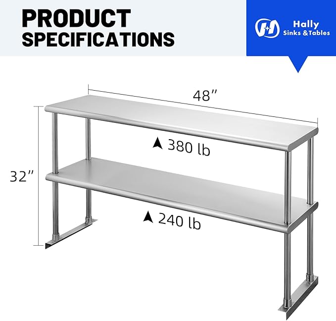 Hally Double Overshelf of Stainless Steel 12'' x 48'' Weight Capacity 380lb Commercial 2 Tier Shelf for Prep &amp Work Table in Restaurant Home and Kitchen