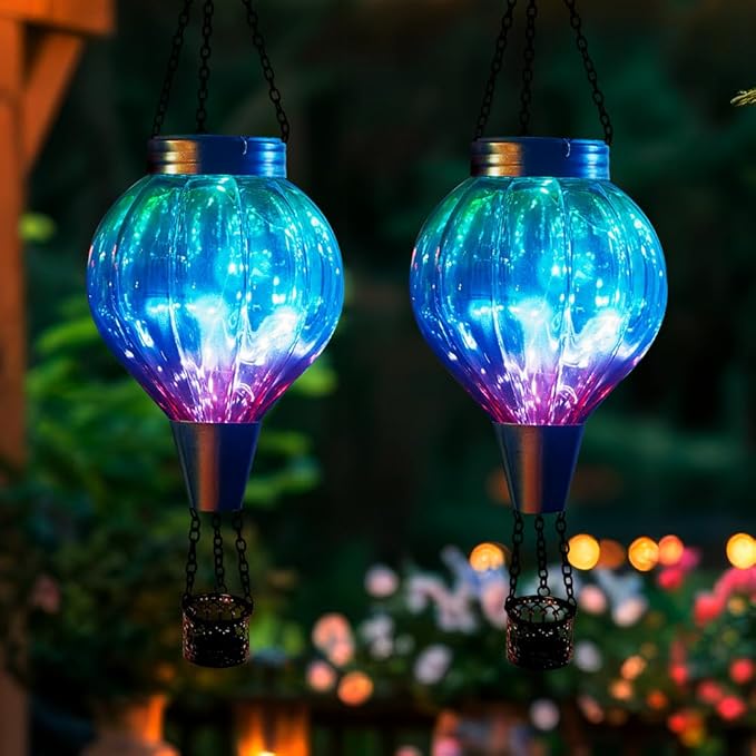 2 Pack Solar Balloon Lanterns Hanging Lights Hot Air Balloon Solar Lantern Outdoor Waterproof Decor for Garden Patio Yard Art Glass Lanterns Mother's Day Gifts(Gradient Green)