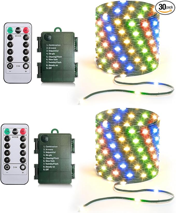 33ft Battery Operated String Lights (2 Pack) 100 LED Fairy String Lights Battery Powered w/Remote &amp Timer for Indoor Outdoor Christmas Trees Wreath Decoration Bedroom Patio - Multicolor