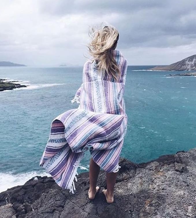 Del Mex Classic Mexican Blanket Large Authentic Woven Falsa Throw (70x50) Artisan Southwest Décor for Beach Yoga Outdoors (Light Pink/Blue)