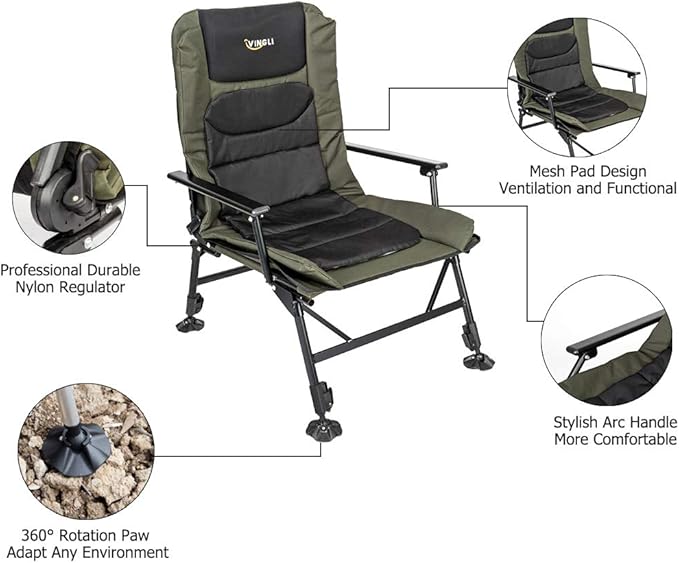 VINGLI Heavy Duty Fishing Chair with Footrest Support 440 LBS Oversized Camping Chairs with 160° Adjustable High Back Beach Chair for Outdoors/Yard/Forest