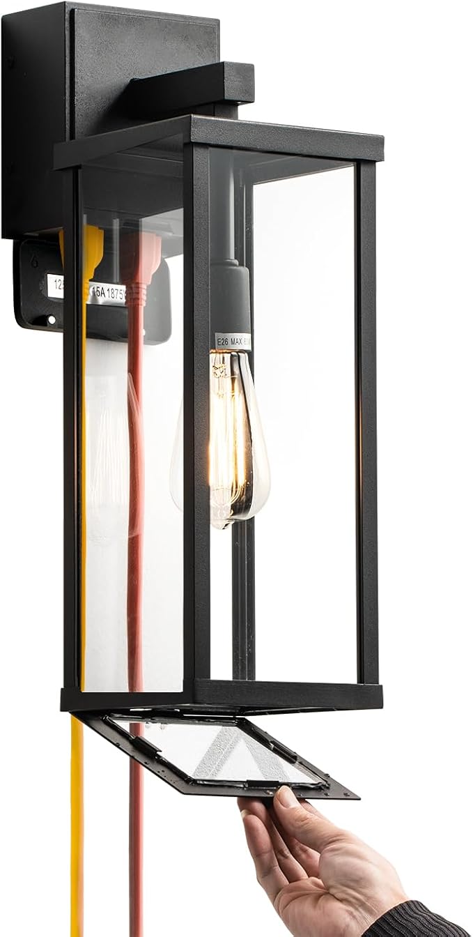 mirrea 18 Classic Outdoor Wall Sconce with Built-in GFCI Outlet 1 Light in Matte Black Rectangular Metal Frame and Clear Glass Shade Waterproof Porch Light Patio Light