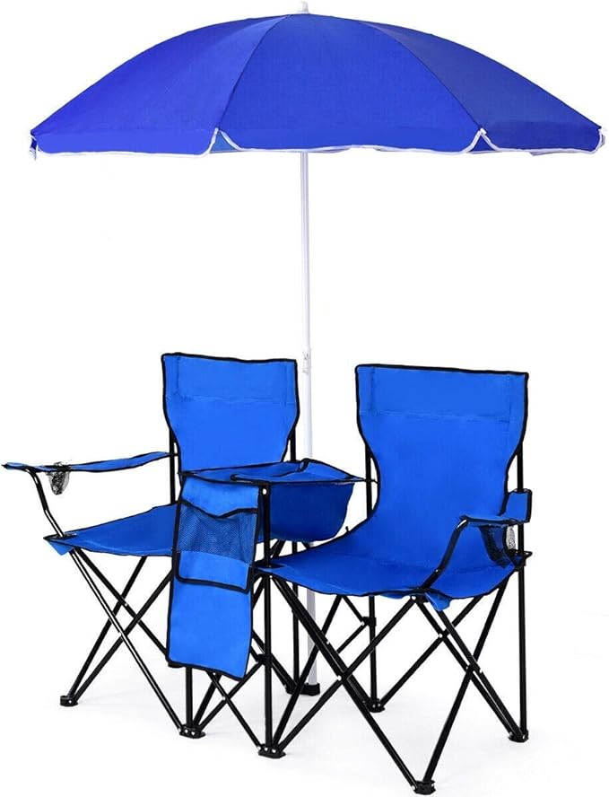 FFlyer Folding Camping Chair 2-Seater Beach Chair w/Umbrella &amp Ice Bag &amp Cup Holder &amp Carrying Bag Double Camp Chair w/Steel Frame &amp Oxford Fabric Portable Chair Ideal for Picnic/Pa