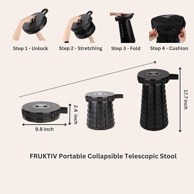 Telescopic Stool Portable &amp Collapsible Sturdy Foldable with Cushion &amp Carry Bag 550lbs Load Capacity Indoor &amp Outdoor Retractable Camping Stool (Black)