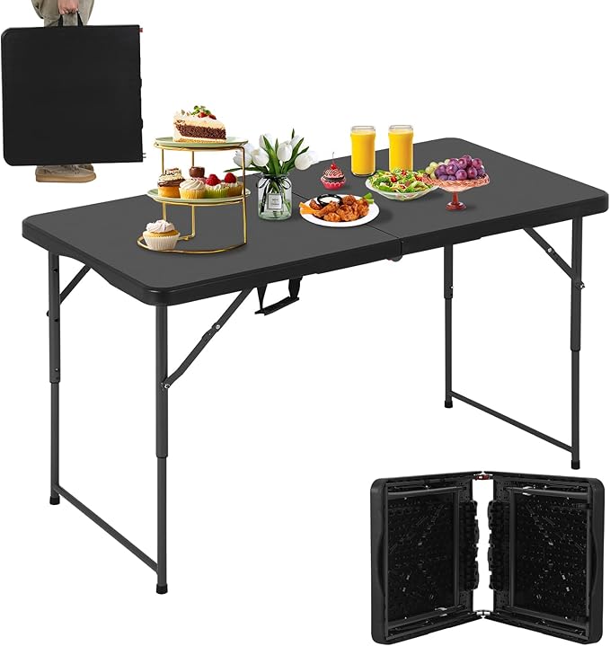 4Ft Foldable Table Adjustable Height with Built-in Handle 4 Foot Heavy Duty Portable Folding Table with Steel Legs for Indoor Outdoor Camping Parties Wedding Picnic Catering (4ft Black)