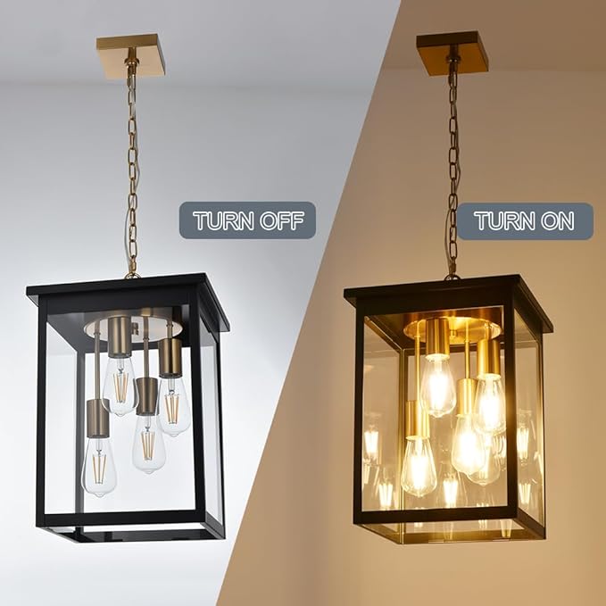 TODOLUZ Outdoor Pendant Light Fixtures 4-Lights Large Outdoor Ceiling Hanging Lanterns in Black &amp Brushed Brass Farmhouse Exterior Chandelier for Front Door Entry Patio