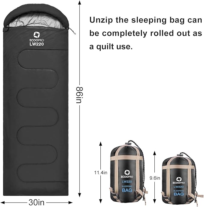 ECOOPRO Warm Weather Sleeping Bag - Portable Waterproof Compact Lightweight Comfort with Compression Sack - Great for Outdoor Camping Backpacking &amp Hiking-83 L x 30 W Fits Adults