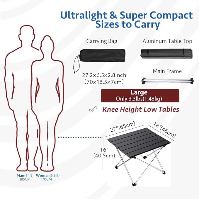 Grope Portable Camping Table with Aluminum Table Top Folding Beach Table Easy to Carry Prefect for Outdoor Picnic BBQ Cooking Festival Beach Home (Black-L)