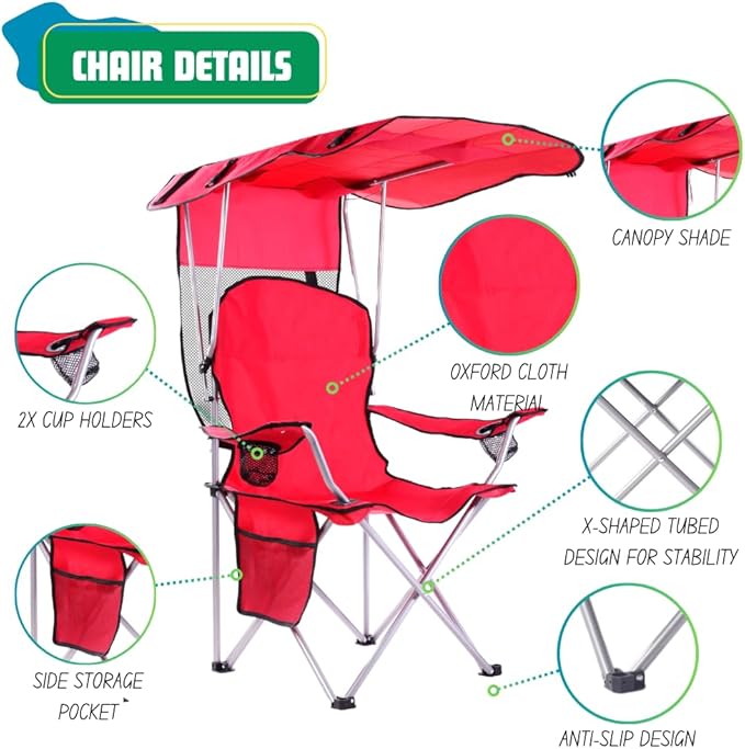 EZONE Folding Canopy Camp Chair for Outdoors Shade Canopy Portable Chair Camping Tailgates Beach Pool Lawn Chair Sunshade Travel Chair Folding Camping Chair (Upgraded - Red)