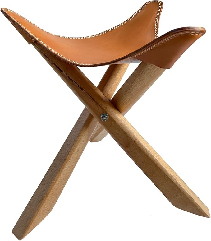 Leather Stool Portable Beech Wood Artist Folding Stool Italian Top Vegetable Tanned Leather Seat Home Fashion Genuine Leather Director’s Stool for Home Outdoor Camping Fishing (Three Leg)