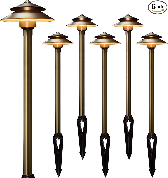 Gardencoin Solid Brass Low Voltage Landscape Pathway Lights (6'' Shade 19'' Tall) 12V LED Heavy Duty Path Lighting Outdoor Wired Waterproof Antique Bronze Walkway Light Without G4 Bulb6 Pack