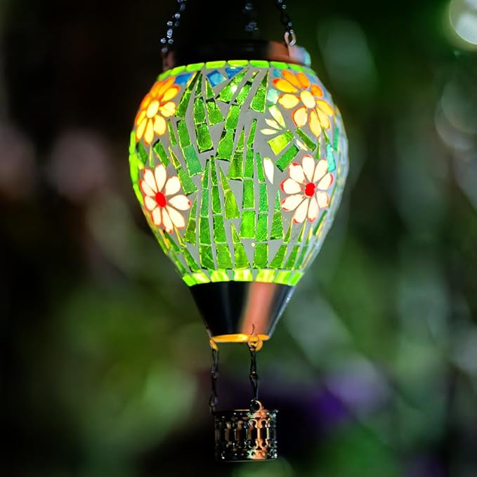 Mosica Hot Air Balloon Solar Lantern Flower Pattern Glass Hanging Solars Lanterns Outdoor Waterproof Decorative Solar Light for Garden Yard Patio Decor