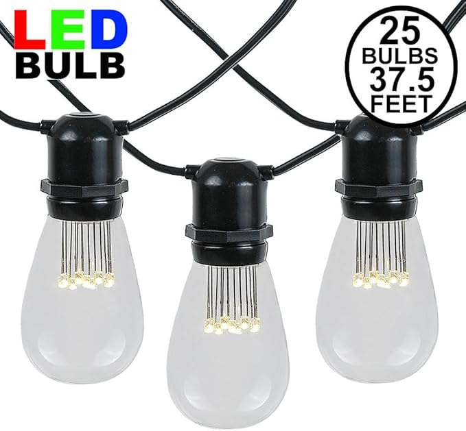 37.5 Foot S14 LED Edison Outdoor String Lights - Commercial Grade String Lights - Backyard Garden Gazebo – Cafe Market Light Set – Vintage Patio String Lights - Black Wire - 25 S14 LED Bulbs