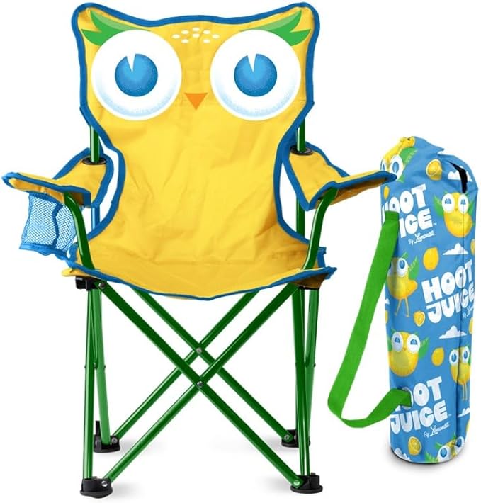 Hoot Juice Kid's Camp Chair – Includes Carry Bag and Cupholder. Cute Owl Design for Toddlers and Kids Outdoor Chair for Camping Beach Backyard Travel. Lightweight Durable 120 lb Capacity